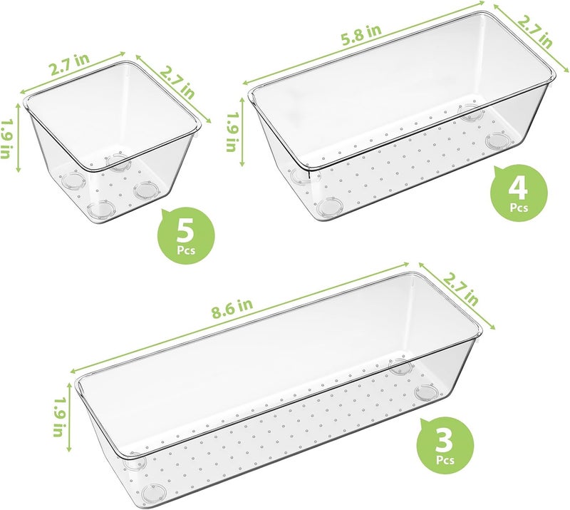 Freshmage 12 Piece Clear Drawer Organizer Set, 3 Sizes Bathroom Vanity Organizer Trays and Storage Bins for Makeup, Cosmetics, Jewelry, and Gadgets. Perfect for Office, Kitchen, Bedroom, Bathroom Use. - Image 3
